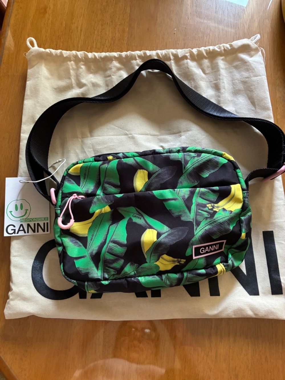 Ganni Black Crossbody Bag with Green Leaf and Yellow Banana Print Adjustable